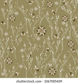 Seamless elegant floral pattern in many varieties of wildflowers. Botanical motifs are scattered randomly. Vector for prints, textiles, wallpapers, tiles, paper. Printing on a dark beige background.
