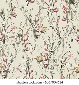 Seamless elegant floral pattern in many varieties of wildflowers. Botanical motifs are scattered randomly. Vector for fashion prints, textiles, wallpapers, tiles, paper. Printing on a gray background.