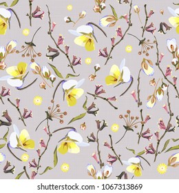 Seamless elegant floral pattern in many varieties of wildflowers. Botanical motifs are scattered randomly. Vector for fashion prints, textiles, wallpapers, tiles, paper. Print on a lilac background.
