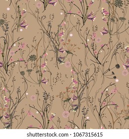 Seamless elegant floral pattern in many varieties of wildflowers. Botanical motifs are scattered randomly. Vector for fashion prints, textiles, wallpapers, tiles, paper. Printing on a brown background