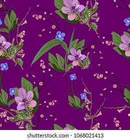 Seamless elegant floral pattern in many varieties of wildflowers. Botanical motifs are scattered randomly. Vector for fashion prints, textiles, wallpapers, tiles, paper. Printing on a lilac background
