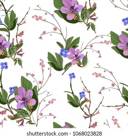 Seamless elegant floral pattern in many varieties of wildflowers. Botanical motifs are scattered randomly. Vector for fashion prints, textiles, wallpapers, tiles, paper. Print on a white background