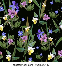 Seamless elegant floral pattern in many varieties of wildflowers. Botanical motifs are scattered randomly. Vector for fashion prints, textiles, wallpapers, tiles, paper. Print on a black background.