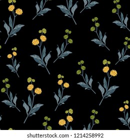 Seamless elegant floral pattern in many varieties of wildflowers. Botanical motifs are scattered randomly. Vector for fashion prints, textiles, wallpapers, paper. Yellow flowers on black background.