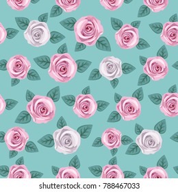 Seamless elegant floral pattern with pink and white roses on mint green background. Ditsy print. Perfect for scrapbooking, textile, wrapping paper etc. Vector illustration.
