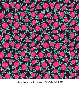Seamless elegant floral pattern with red roses on black background. Ditsy print. Perfect for scrapbooking, textile, wrapping paper etc. Vector illustration.