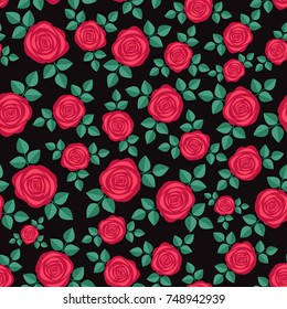 Seamless elegant floral pattern with red roses on black background. Ditsy print. Perfect for scrapbooking, textile, wrapping paper etc. Vector illustration.