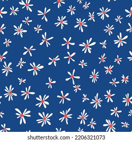Seamless elegant floral pattern. Small blossom wildflowers and plants in simple sketch flat manner. Cartoon Boho style. For fashion design, fabric, textile, wrapping, web, card.