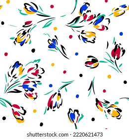Seamless elegant floral pattern. Wild flowers silhouettes scattered and isolated. Sketch drawing in flat modern style. Colorful simple botanical fashion print.
