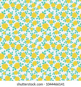 Seamless elegant floral pattern with yellow roses on white background. Ditsy print. Perfect for scrapbooking, textile, wrapping paper etc. Vector illustration.