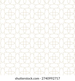 Seamless elegant geometric pattern with intricate golden lines on a white background. Features interlocking star and clover-like motifs, perfect for luxury designs, backgrounds, or decor.