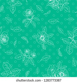 Seamless elegant green pattern with flowers (zinnia, camomile, daisy, sunflower, rose) and bubbles for textile, bedlinen, pillow, undergarment, wallpaper, packing paper. Vector illustration.