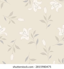 Seamless elegant lily floral pattern with delicate botanical branches and buds, soft neutral background for fabric, wallpaper, textile, wrapping paper, home decor and surface design.