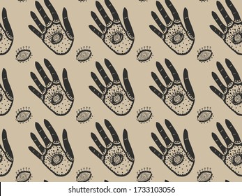 The seamless elegant magical pattern of black ornamental hands with all-seeing eyes inside the palms and the outside on a gold background. Ornament on the theme of providence. Vector.