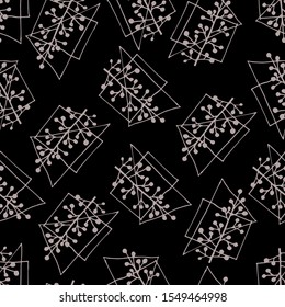 Seamless elegant pattern of black elderberry twigs and geometric shapes. Botanical style in pastel shades of beige on a black background.