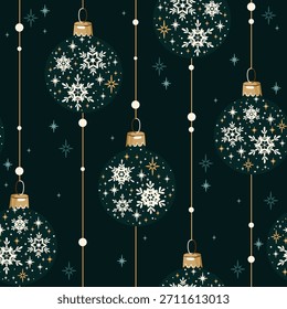 Patrón elegante sin fisuras con bolas de Navidad sobre fondo verde. Fondo para papel de regalo, impresión de tela, tarjetas de felicitación. Diseño de vacaciones de invierno.