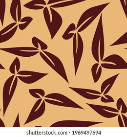 Seamless elegant pattern with dark burgundy red hand drawn three leaf on a golden background. The pattern can be used for wrapping papers, invitation cards, wallpapers, covers, textile prints. Vector.