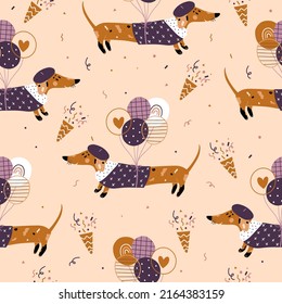 Seamless elegant pattern with dog and balloons. Festive wallpaper with dachshund in vintage style. Vector hand drawn illustration