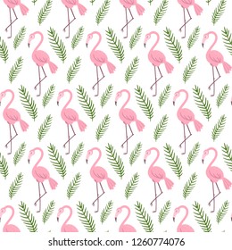 Seamless elegant pattern of flamingo and green leaves. Vector illustration.