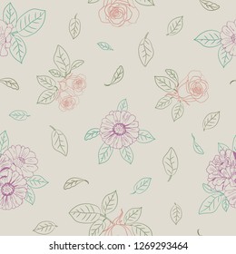 Seamless elegant pattern with flowers zinnia, camomile, daisy, sunflower, rose for textile, bedlinen, pillow, undergarment, wallpaper, packing paper. Vector illustration