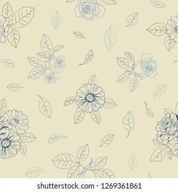 Seamless elegant pattern with flowers zinnia, camomile, daisy, sunflower, rose for textile, bedlinen, pillow, undergarment, wallpaper, packing paper. Vector illustration.