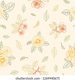 Seamless elegant pattern with flowers zinnia, camomile, daisy, sunflower, rose for textile, bedlinen, pillow, undergarment, wallpaper, packing paper. Vector illustration.