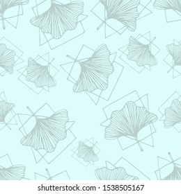 Seamless elegant pattern of ginkgo biloba leaf twigs and geometric shapes. Botanical style in pastel shades of blue.