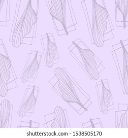 Seamless elegant pattern of ginkgo biloba leaf twigs and geometric shapes. A botanical style in pastel shades of purple.