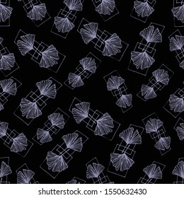 Seamless elegant pattern of ginkgo biloba leaf twigs and geometric shapes. Botanical style in pastel shades of purple on a black background.