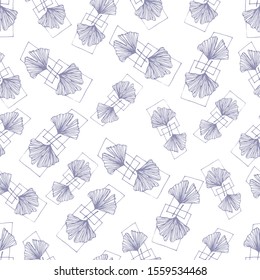 Seamless elegant pattern of ginkgo biloba leaf twigs and geometric shapes. Botanical style in pastel shades of purple on a white background.