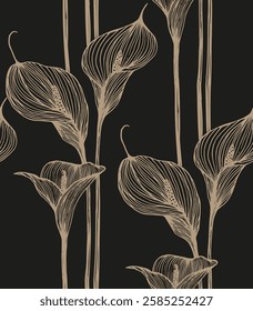 Seamless elegant pattern. Golden callas on a black background.