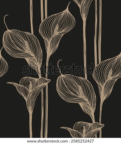 Seamless elegant pattern. Golden callas on a black background.