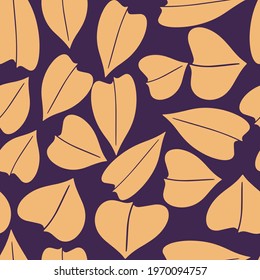 Seamless elegant pattern with golden entire cordate hand drawn leaves on a dark purple background. The pattern can be used for wrapping papers, cards, wallpapers, covers, textile prints. Vector, eps10