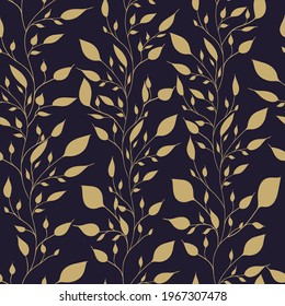 Seamless elegant pattern with golden hand drawn leaf brunch on a dark blue background. The pattern can be used for wrapping papers, invitation cards, wallpapers, covers, textile prints. Vector