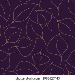 Seamless elegant pattern with golden outline leaves on a dark violet background. The pattern can be used for wrapping papers, invitation cards, wallpapers, covers, textile prints. Vector, eps10.