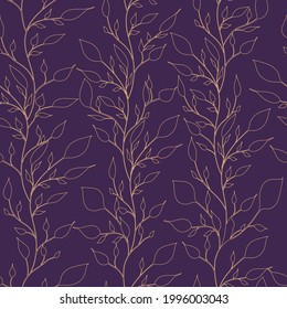 Seamless elegant pattern with golden outline leaf brunch on a dark violet background. The pattern can be used for wrapping papers, invitation cards, wallpapers, covers, textile prints. Vector