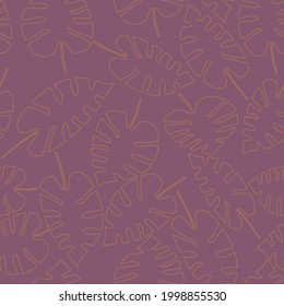 Seamless elegant pattern with golden outline tropical monstera leaves on a dusty violet background. The pattern can be used for wrapping papers, cards, wallpapers, covers, textile prints. Vector