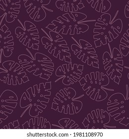 Patrón elegante sin inconveniente con el contorno violeta claro de las hojas de la monastera tropical sobre un fondo violeta oscuro. El patrón se puede usar para envolver papeles, tarjetas, fondos de pantalla, cubiertas, impresiones textiles. Vector.