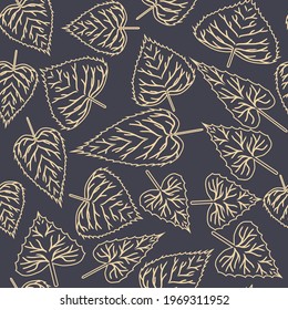 Seamless elegant pattern with mix of golden cordate outline leaves on a dark dusty blue background. The pattern can be used for wrapping papers, cards, wallpapers, covers, textile prints. Vector