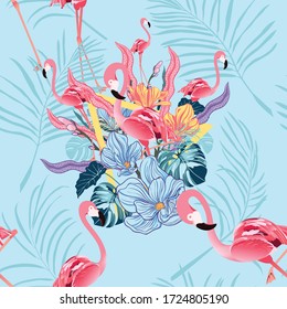 Seamless elegant pattern with peonies and flamingo design.