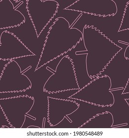 Seamless elegant pattern with pink outline leaves on a dark purple background. The pattern can be used for wrapping papers, invitation cards, wallpapers, covers, textile prints. Vector illustration.