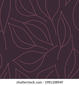 Seamless elegant pattern with rose gold outline leaves on a dark gray purple background. The pattern can be used for wrapping papers, invitation cards,wallpapers, covers, textile prints. Vector, eps10