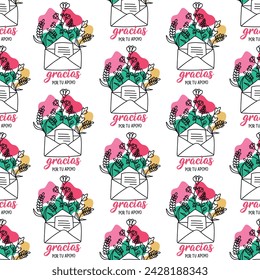 Seamless elegant pattern with Spanish lettering. Thanks for your support - in Spanish. Print for textile, wallpaper, covers, surface. For fashion fabric. Gracias por su apoyo. 