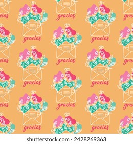 Seamless elegant pattern with Spanish lettering. Thank you - in Spanish. Print for textile, wallpaper, covers, surface. For fashion fabric. Gracias