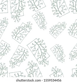 Seamless elegant pattern of sprigs of plants shepherd’s bag and geometric shapes. Botanical style in pastel shades of green on a white background.