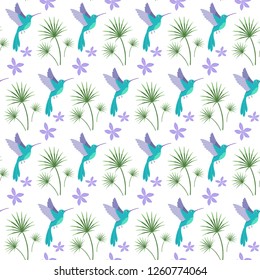 Seamless elegant pattern of tropical birds and leaves. Vector illustration.