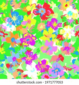 Seamless elegant pattern in tropical cute flowers. Mallow hibiscus blossom. Floral background for swimsuit, textile, wallpaper, pattern fills, covers, surface, print, gift wrap, scrapbooking,decoupage