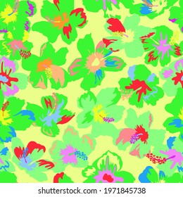 Seamless elegant pattern in tropical cute flowers. Mallow hibiscus blossom. Floral background for swimsuit, textile, wallpaper, pattern fills, covers, surface, print, gift wrap, scrapbooking,decoupage
