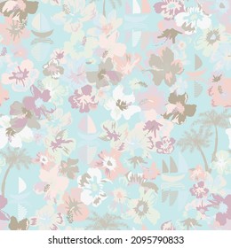 Seamless elegant pattern in tropical cute flowers. Mallow hibiscus blossom. Floral background for swimsuit, textile, wallpaper, pattern fills, covers, surface, print, gift wrap. Shabby chic.