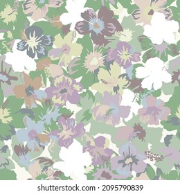 Seamless elegant pattern in tropical cute flowers. Mallow hibiscus blossom. Floral background for swimsuit, textile, wallpaper, pattern fills, covers, surface, print, gift wrap. Shabby chic.